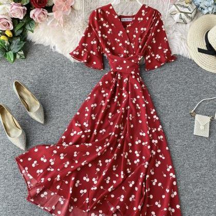 Cute V Neck Cherry Dress Summer Dress