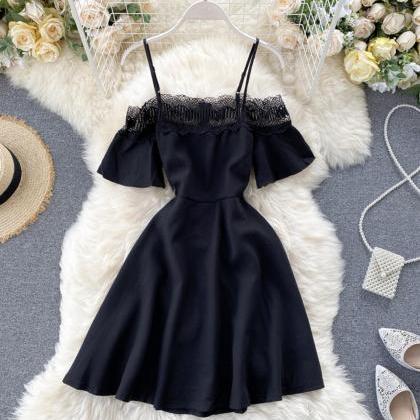 Cute Black Lace Short Dress A Line Off Shoulder..