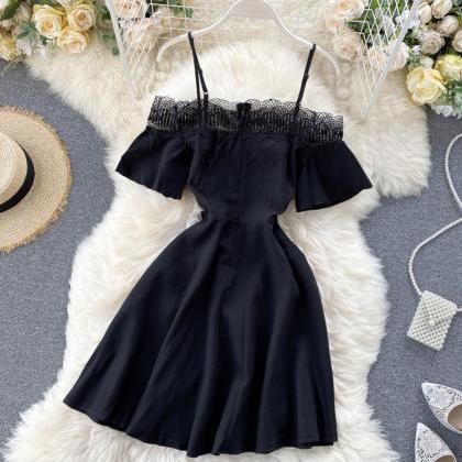 Cute Black Lace Short Dress A Line Off Shoulder..