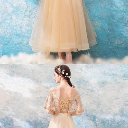 Unique Champagne Tulle Lace Tea Length Prom Dress,..