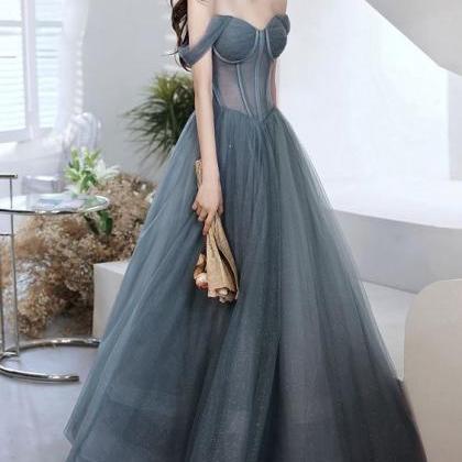 A-line Sweetheart Neck Gray Blue Tulle Long Prom..
