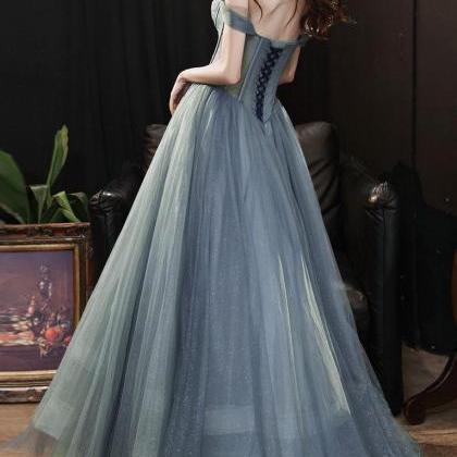 A-line Sweetheart Neck Gray Blue Tulle Long Prom..