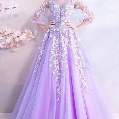 Purple Flowers Long Tulle Prom Dress With Sheer..