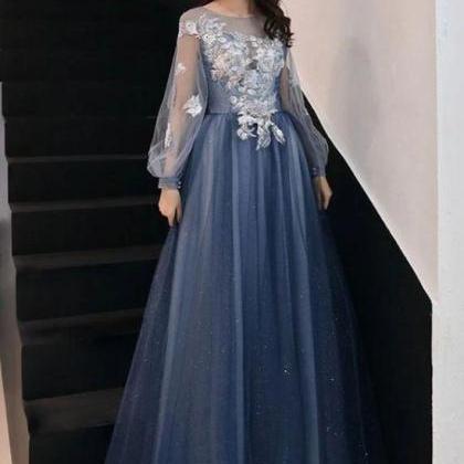 Blue Long Sleeves Floral Tulle A-line Style Party..