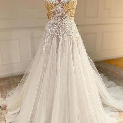 V Neck Open Back White Lace Wedding Dresses Tulle Aline Bridal Dress main image 1
