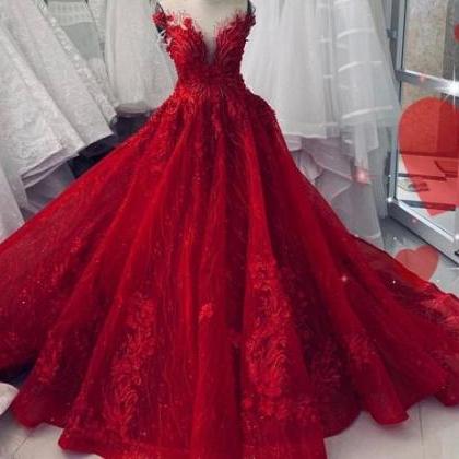 Sexy Red Sparkling Wedding Ball Gown Dress Chapel..
