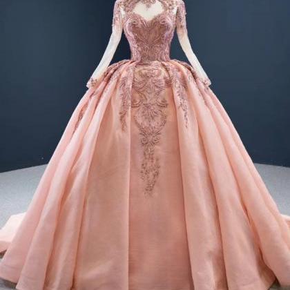 Pink Ball Gown Organza Beading Long Sleeve Prom..