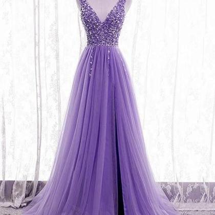Purple Beaded V-neckline Tulle Sparkle Party Dress..