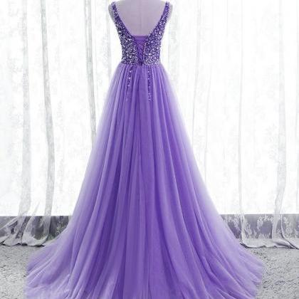 Purple Beaded V-neckline Tulle Sparkle Party Dress..