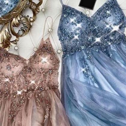 Beaded Illusion Spaghetti Straps Flowei A-line Chiffon Prom Dress main image 1