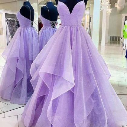 Purple V Neck Tulle Sequin Long Prom Dress, Purple..