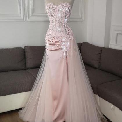 Pink Tulle Beaded Long Prom Dress, Pink Evening..