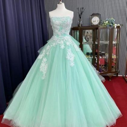 Strapless Tulle Prom Dress With White Lace