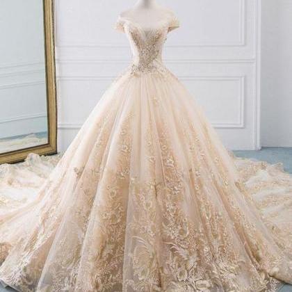 Unique Champagne Tulle Lace Long Wedding Dress,..