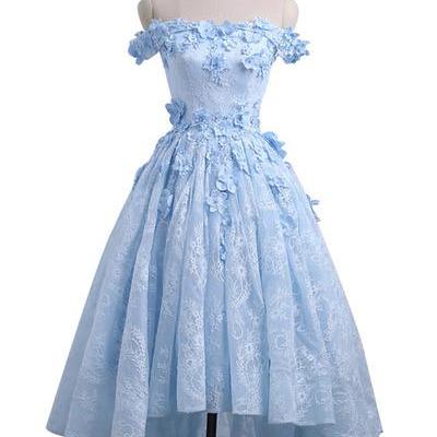 Blue Off Shoulder Lace And Floral Cute Prom..