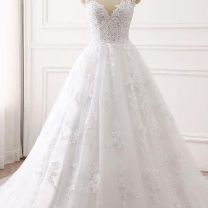 Tulle Lace White Wedding Dress Sleeveless..