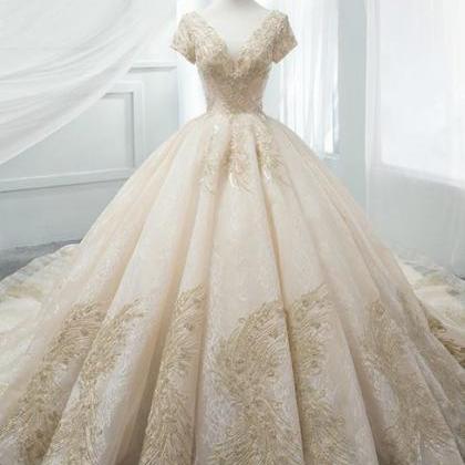 Champagne Ball Gown V-neck Backless Tulle..