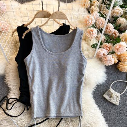 Simple Round Neck Tops Side Drawstring Top