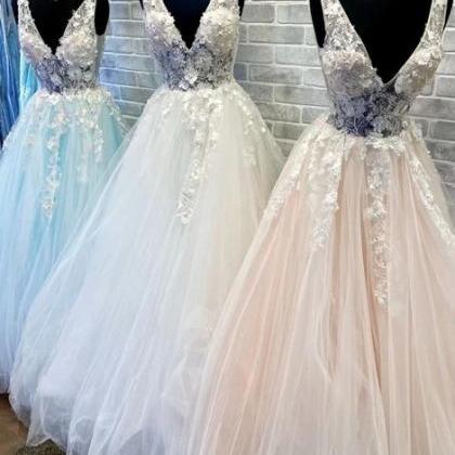 A Line V Neck Tulle Beadings Lace Up Prom Dress LBQ0580 main image 1