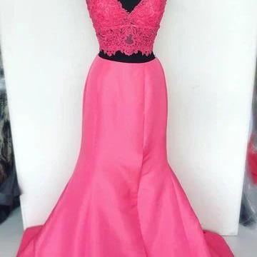 Long Sleeves Pink Prom Dress Mermaid Appliques With Flowers Bottom main image 1