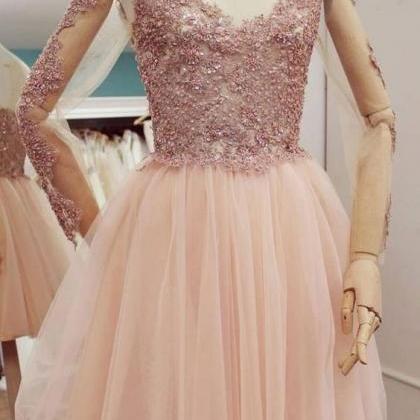 Pink Tulle Lace Short Prom Dress, Pink Bridesmaid..