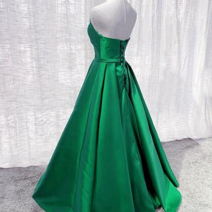 Green Satin A-line Floor Length Long Evening Dress..