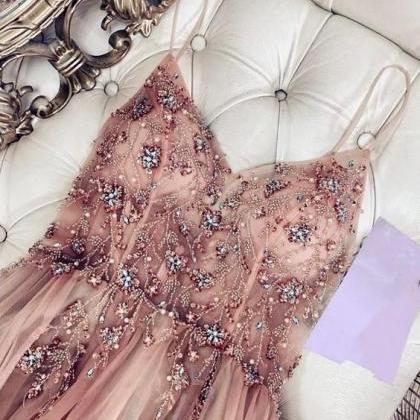 Straps A-line Rosegold Tulle Long Evening Dress..