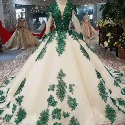 Chmapagne Ball Gown Tulle Green Lace Appliques..