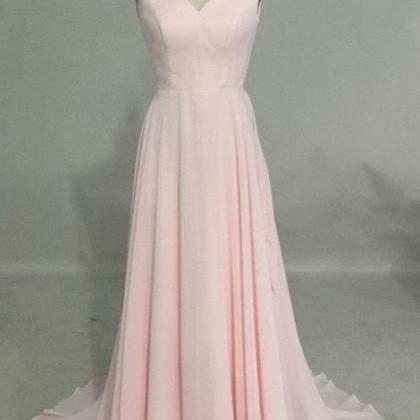 Simple V Neck Pink Long Prom Dress, Backless Pink..