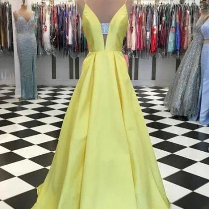 Simple Yellow V Neck Satin A Line Prom Dress Evening Dress Y8551