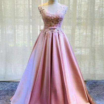Pink Lace And Satin Floor Length Junior Prom..