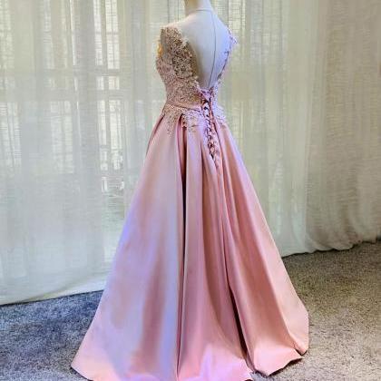 Pink Lace And Satin Floor Length Junior Prom..