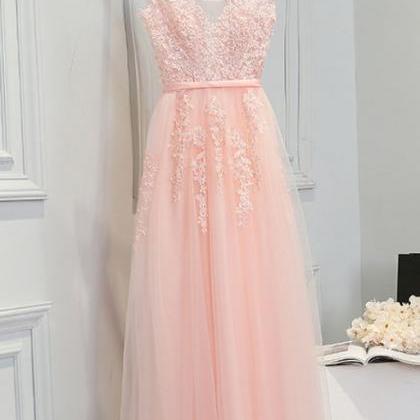 Elegant Baby Pink Tulle Appliques Pearls Prom..