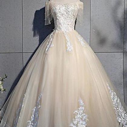 Champagne Tulle Cap Sleeve Long Formal Prom Dress..