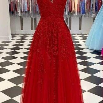 V-neck A-line Prom Dress Long With Appliques And..