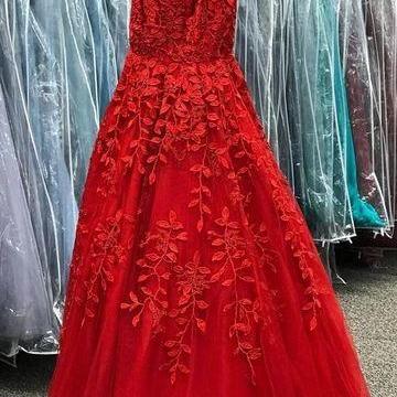 A-line Red Lace Appliques Long Prom Dress Formal..