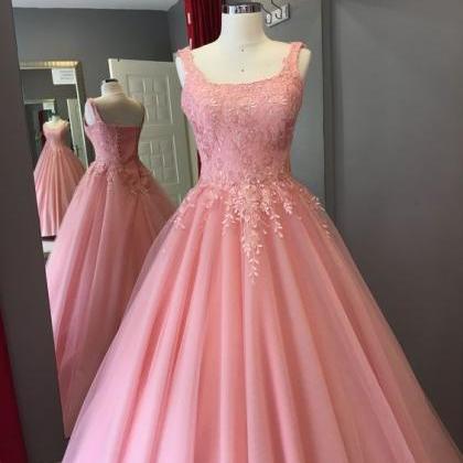 A-line Pink Tulle And Lace Appliques Long Prom..