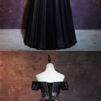 Black Tulle Lace Applique Long Prom Dress, Black..