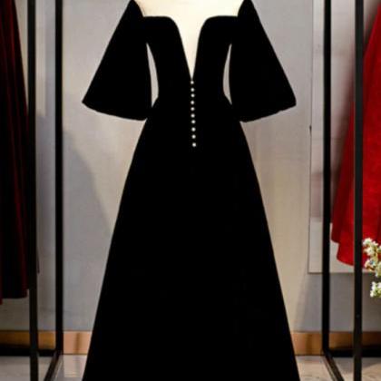 Black Velvet Horn Sleeve Illusion Prom Dress