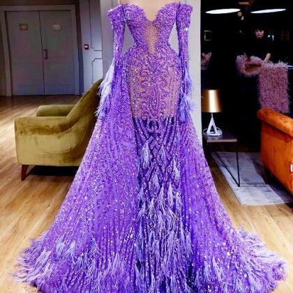 Women Purple Evening Dresses Long Tulle Beaded..
