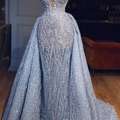 Elegant Blue Lace Sleeveless Deep V Neck Prom..