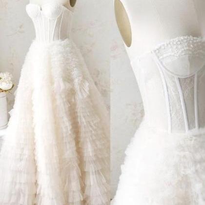 Light champagne tulle long prom dress A line evening dress,DS3208 main image 0