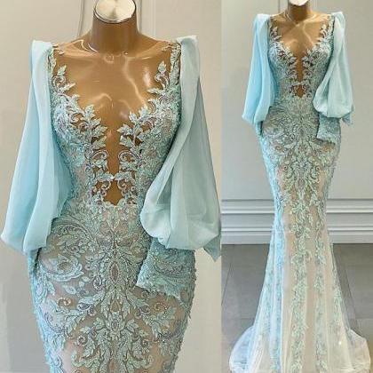 Arabic Aso Ebi Mermaid Lace Beaded Prom Dresses..