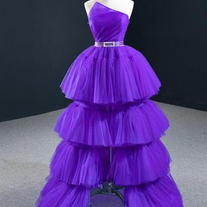 Purple Ball Gown Hi Lo Strapless Pleats Tiers Prom..