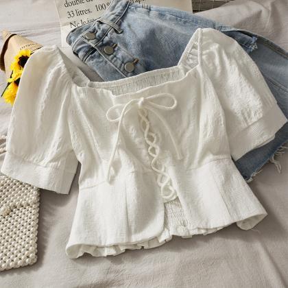 Cute Lace Up Short Sleeve Top Crop Tops