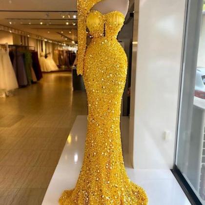 Yellow Sequin Mermaid Long Prom Dress, Sexy..