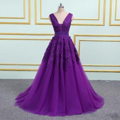 V Neck Purple Tulle Lace Prom Dress