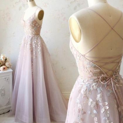 Pink Tulle Lace Long A Line Prom Dress Pink..
