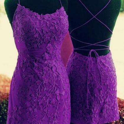 Purple Tie Back Appliqued Sheath Homecoming Dress