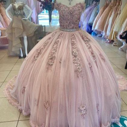Pink Tulle Beads Long Prom Dress Off Shoulder..